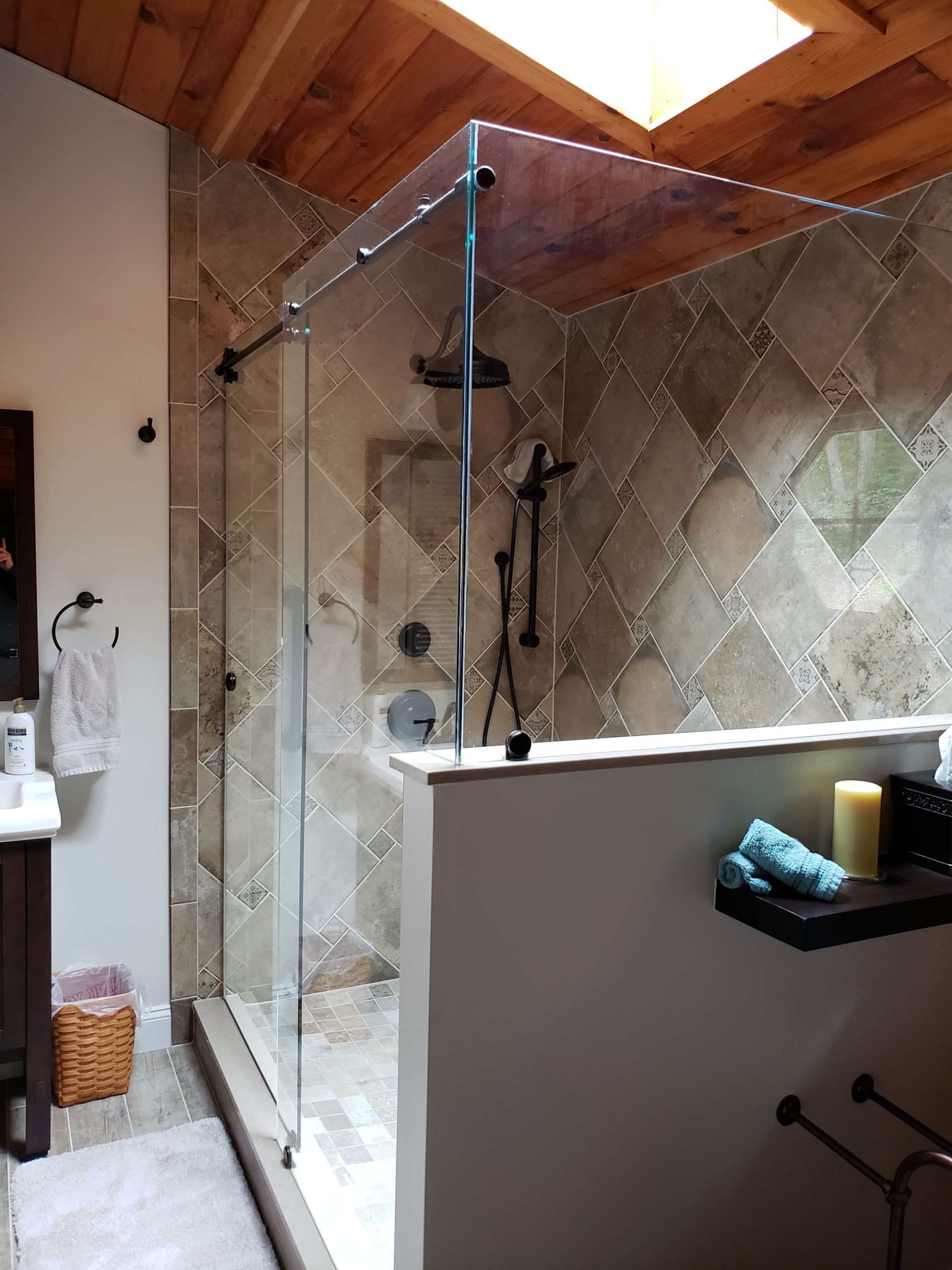 Shower with large glass walls and door